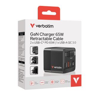 VERBATIM GANCHARGER 65W 2PORT RETRACTABLE DISPUSEUUK ADAP